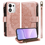 For Honor 600 Smart 5G / X7e Plus 5G Wallet Case 9 Card Slots RFID Blocking Mandala Embossed Leather Flip Cover with Wrist Strap