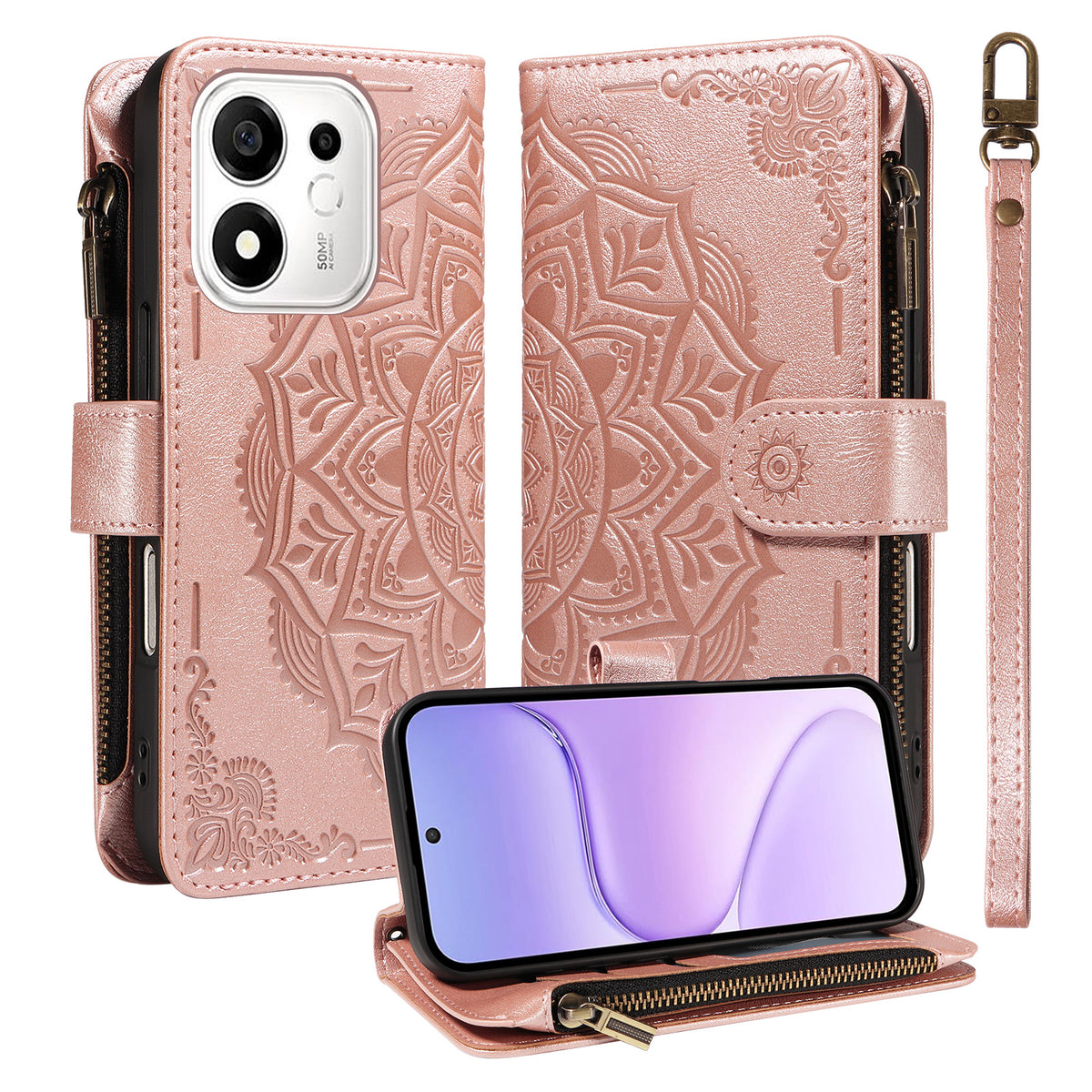 For Honor 600 Smart 5G / X7e Plus 5G Wallet Case 9 Card Slots RFID Blocking Mandala Embossed Leather Flip Cover with Wrist Strap
