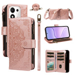 For Honor 600 Smart 5G / X7e Plus 5G Wallet Case 9 Card Slots RFID Blocking Mandala Embossed Leather Flip Cover with Wrist Strap