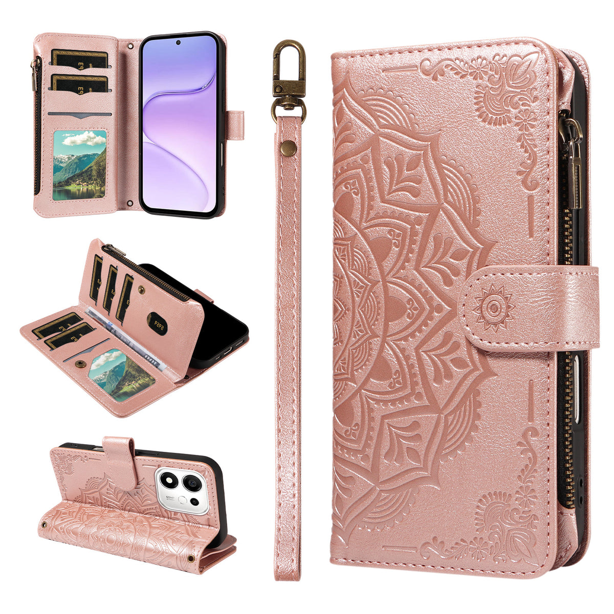 For Honor 600 Smart 5G / X7e Plus 5G Wallet Case 9 Card Slots RFID Blocking Mandala Embossed Leather Flip Cover with Wrist Strap