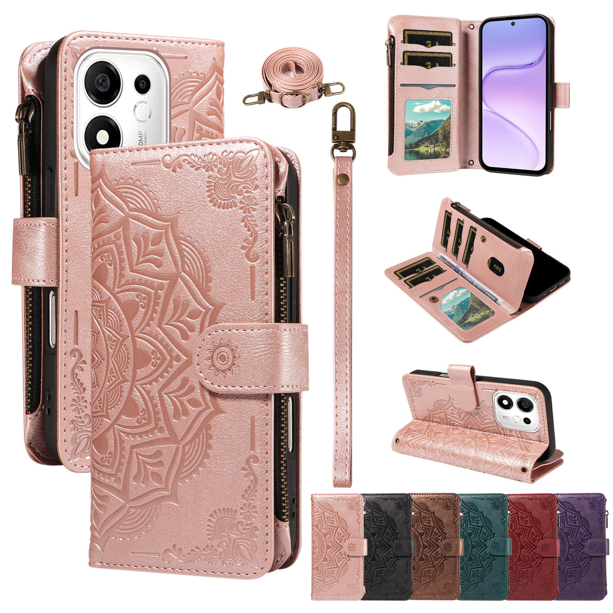 For Honor 600 Smart 5G / X7e Plus 5G Wallet Case 9 Card Slots RFID Blocking Mandala Embossed Leather Flip Cover with Wrist Strap