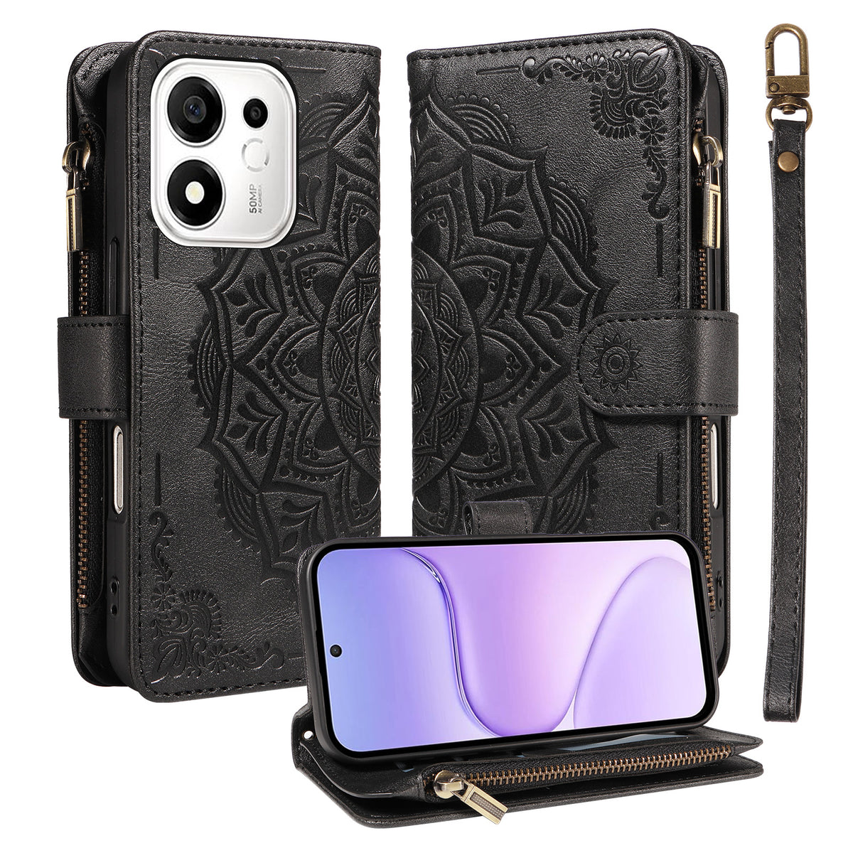 For Honor 600 Smart 5G / X7e Plus 5G Wallet Case 9 Card Slots RFID Blocking Mandala Embossed Leather Flip Cover with Wrist Strap