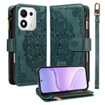 For Honor 600 Smart 5G / X7e Plus 5G Wallet Case 9 Card Slots RFID Blocking Mandala Embossed Leather Flip Cover with Wrist Strap