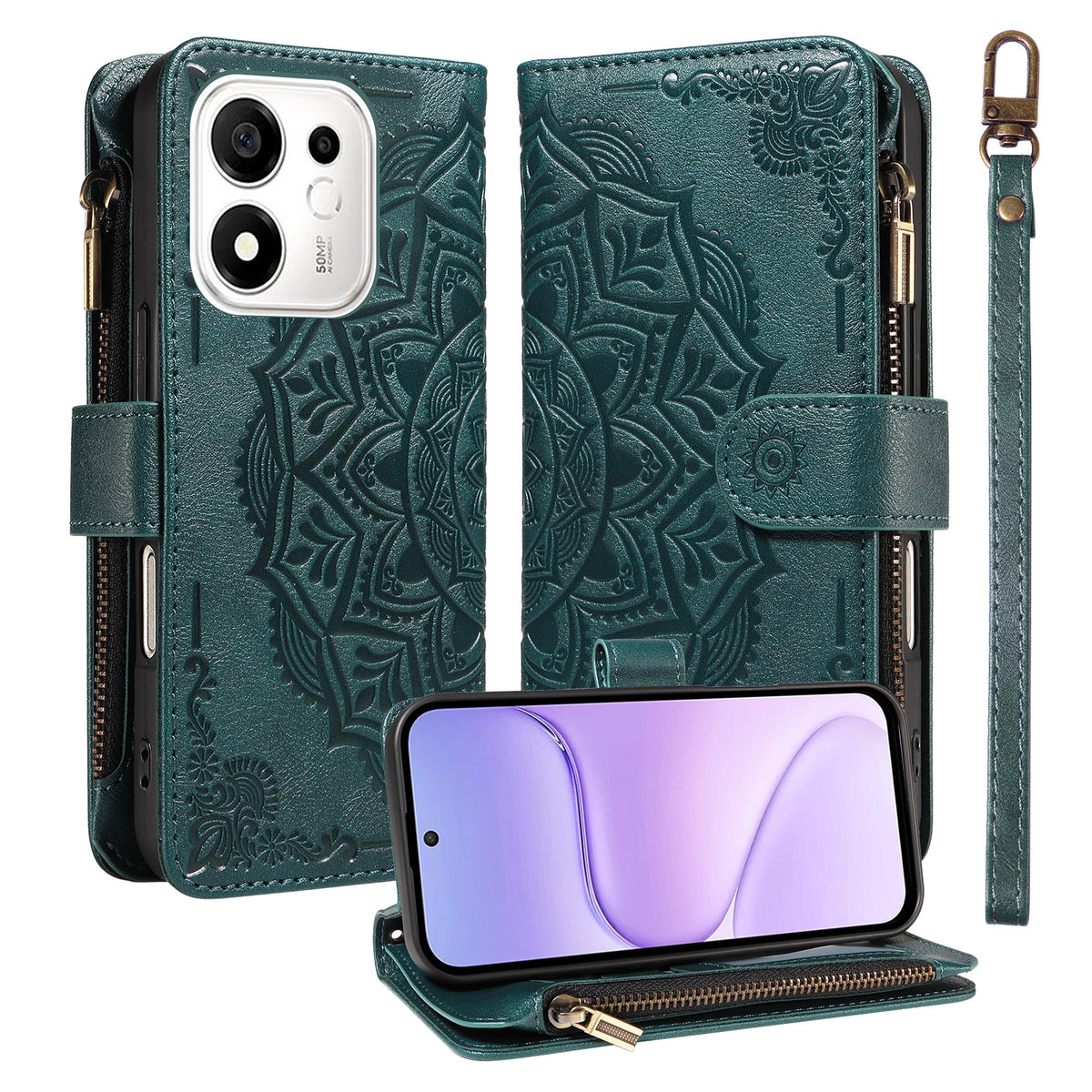 For Honor 600 Smart 5G / X7e Plus 5G Wallet Case 9 Card Slots RFID Blocking Mandala Embossed Leather Flip Cover with Wrist Strap