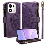 For Honor 600 Smart 5G / X7e Plus 5G Wallet Case 9 Card Slots RFID Blocking Mandala Embossed Leather Flip Cover with Wrist Strap