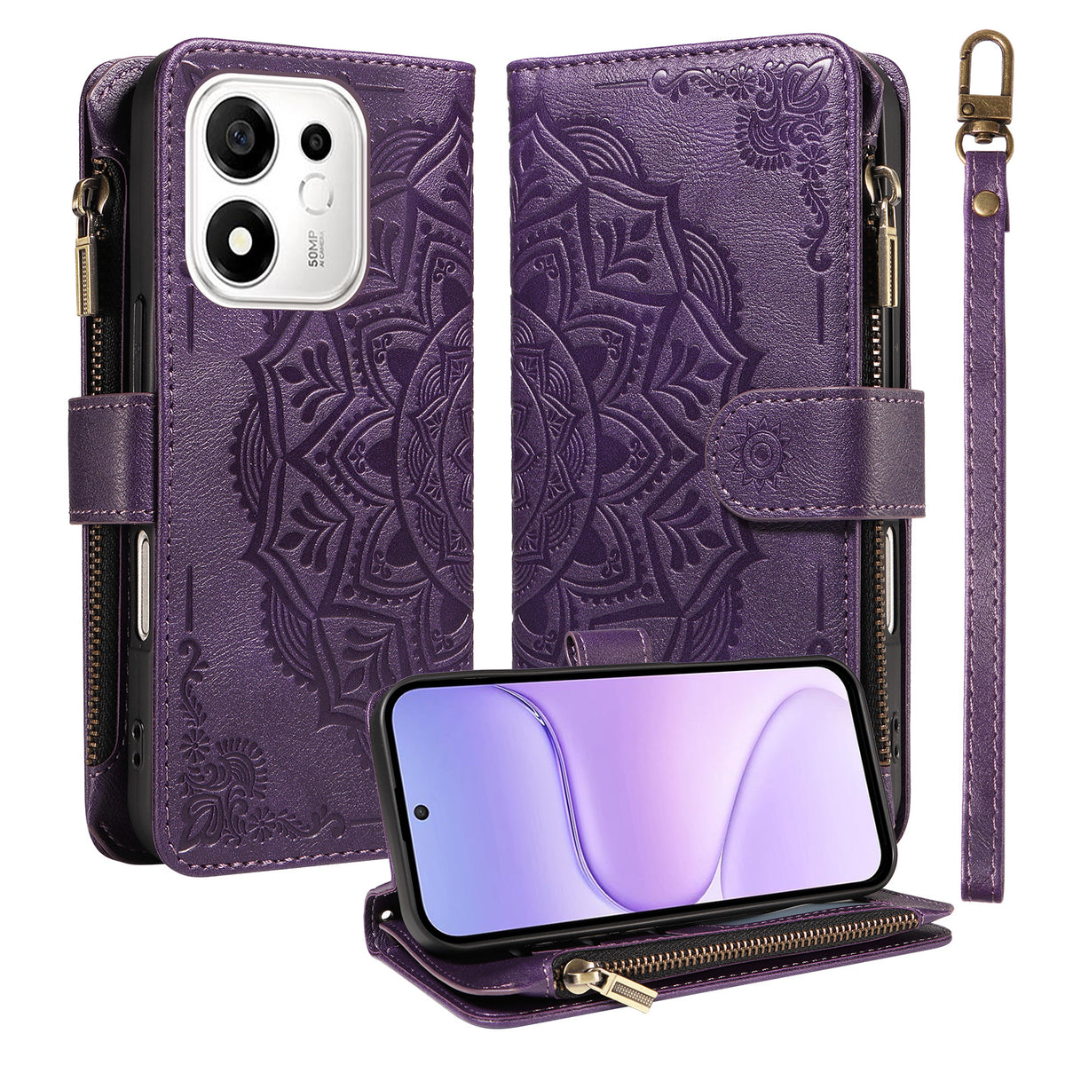 For Honor 600 Smart 5G / X7e Plus 5G Wallet Case 9 Card Slots RFID Blocking Mandala Embossed Leather Flip Cover with Wrist Strap