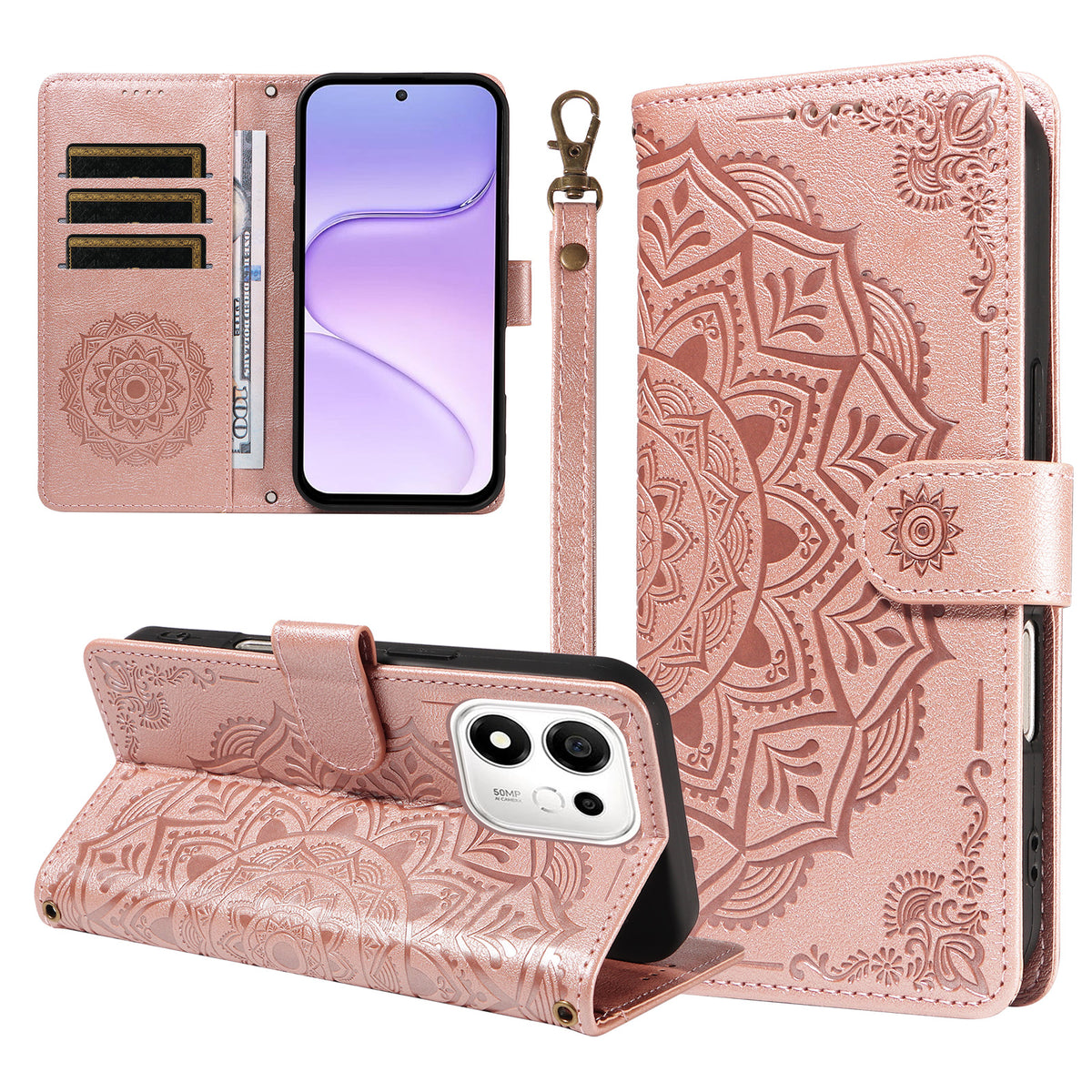 For Honor 600 Smart 5G / X7e Plus 5G Wallet Case Embossed Mandala Pattern PU Leather + TPU Cover with Wrist Strap