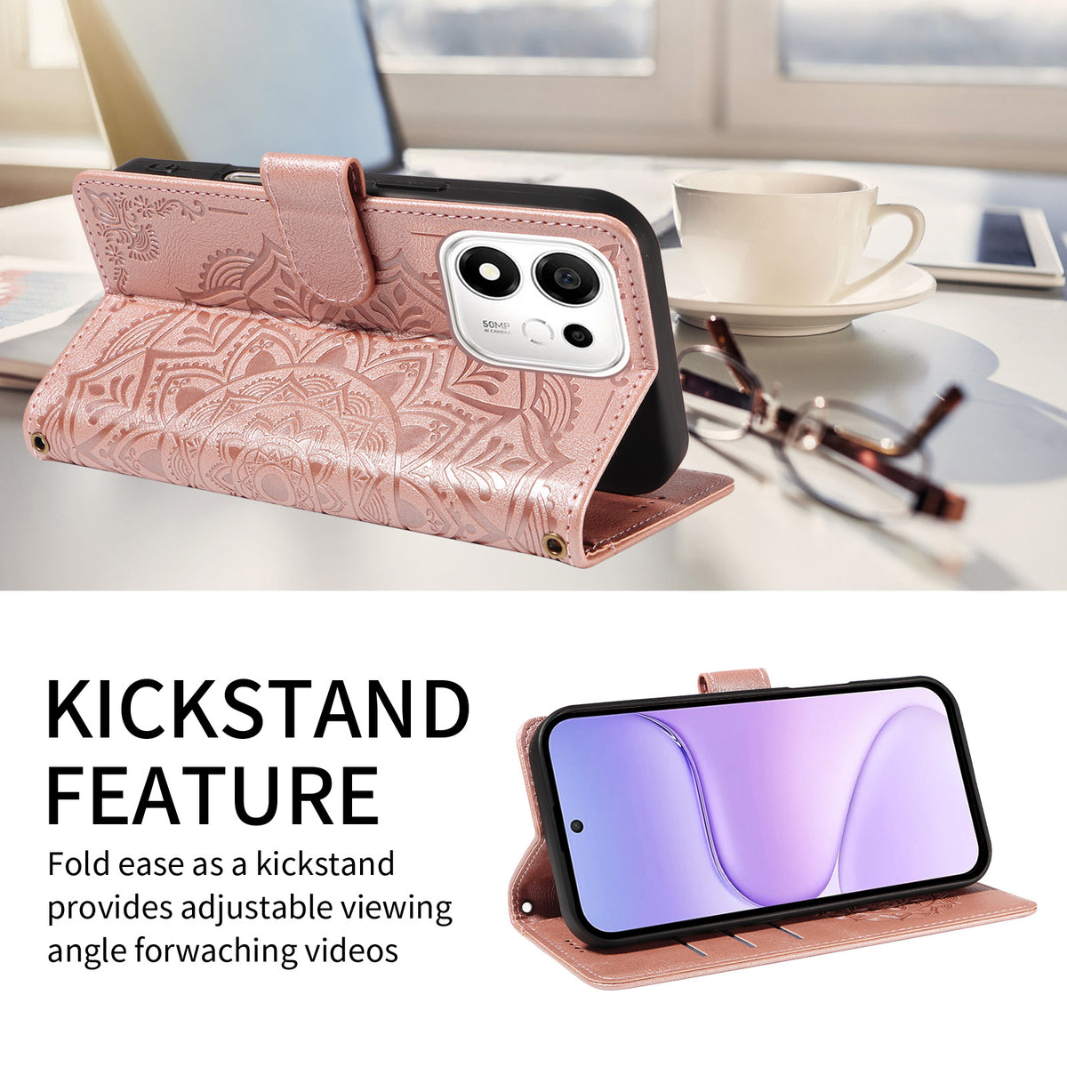 For Honor 600 Smart 5G / X7e Plus 5G Wallet Case Embossed Mandala Pattern PU Leather + TPU Cover with Wrist Strap