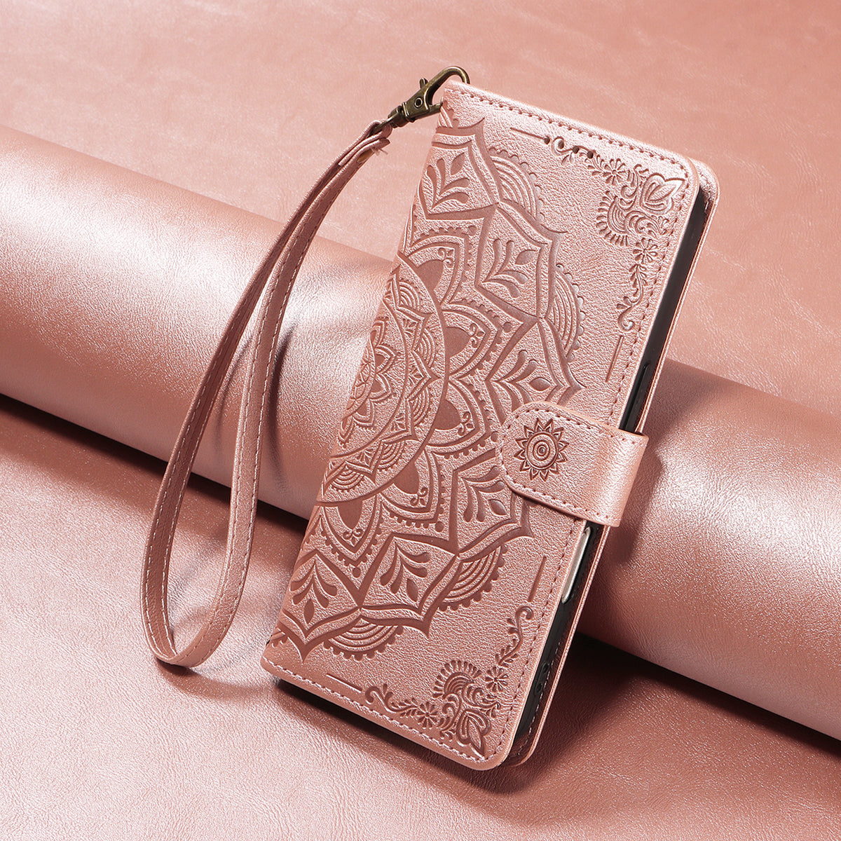 For Honor 600 Smart 5G / X7e Plus 5G Wallet Case Embossed Mandala Pattern PU Leather + TPU Cover with Wrist Strap
