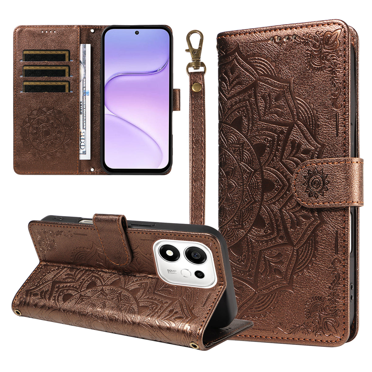 For Honor 600 Smart 5G / X7e Plus 5G Wallet Case Embossed Mandala Pattern PU Leather + TPU Cover with Wrist Strap