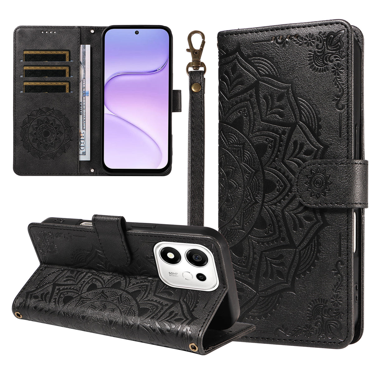 For Honor 600 Smart 5G / X7e Plus 5G Wallet Case Embossed Mandala Pattern PU Leather + TPU Cover with Wrist Strap