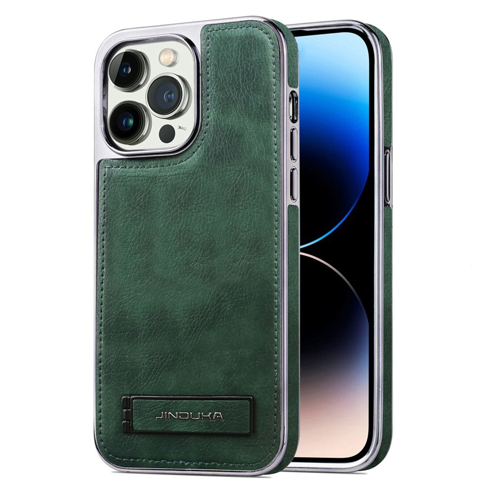 JINDUKA D22 Fodral för iPhone 15 Pro Max med vikbart stativ, läderbelagd PC TPU-telefonfodral
