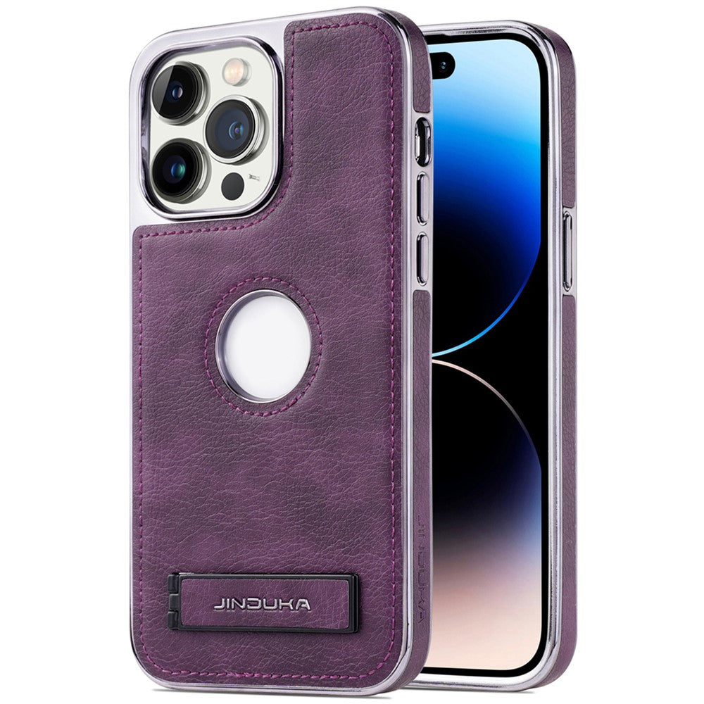 JINDUKA For iPhone 16 Pro Max Case with Logo Cutout Kickstand Leather Coated PC TPU Phone Cover