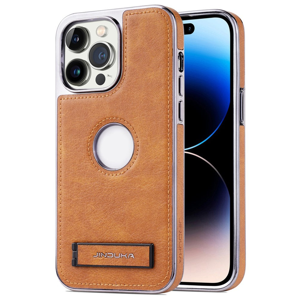 JINDUKA For iPhone 16 Pro Max Case with Logo Cutout Kickstand Leather Coated PC TPU Phone Cover