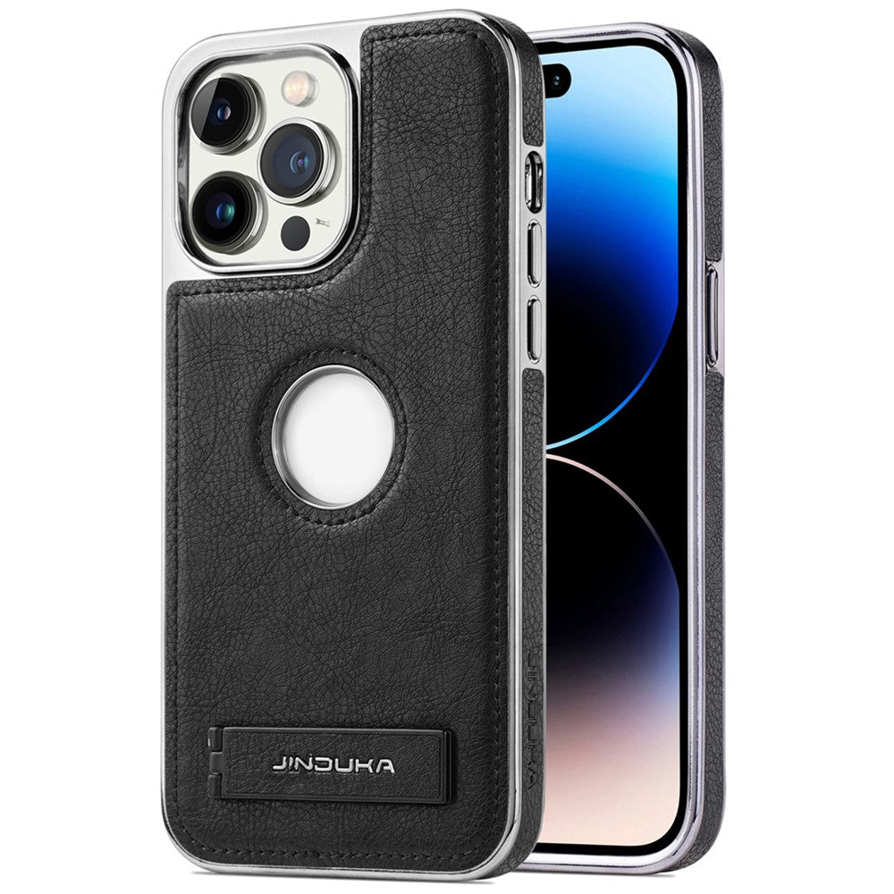 JINDUKA For iPhone 16 Pro Max Case with Logo Cutout Kickstand Leather Coated PC TPU Phone Cover