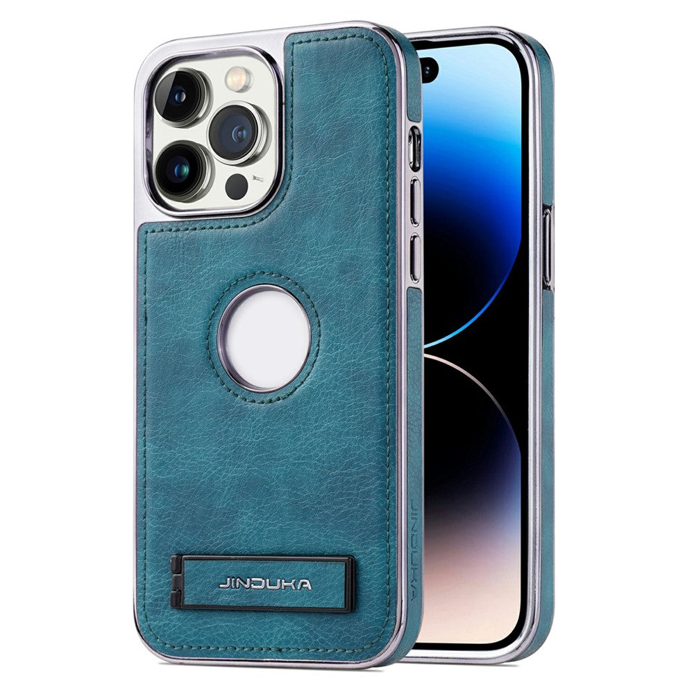 JINDUKA For iPhone 15 Pro Max Case with Logo Cutout Kickstand Leather Coated PC TPU Phone Cover