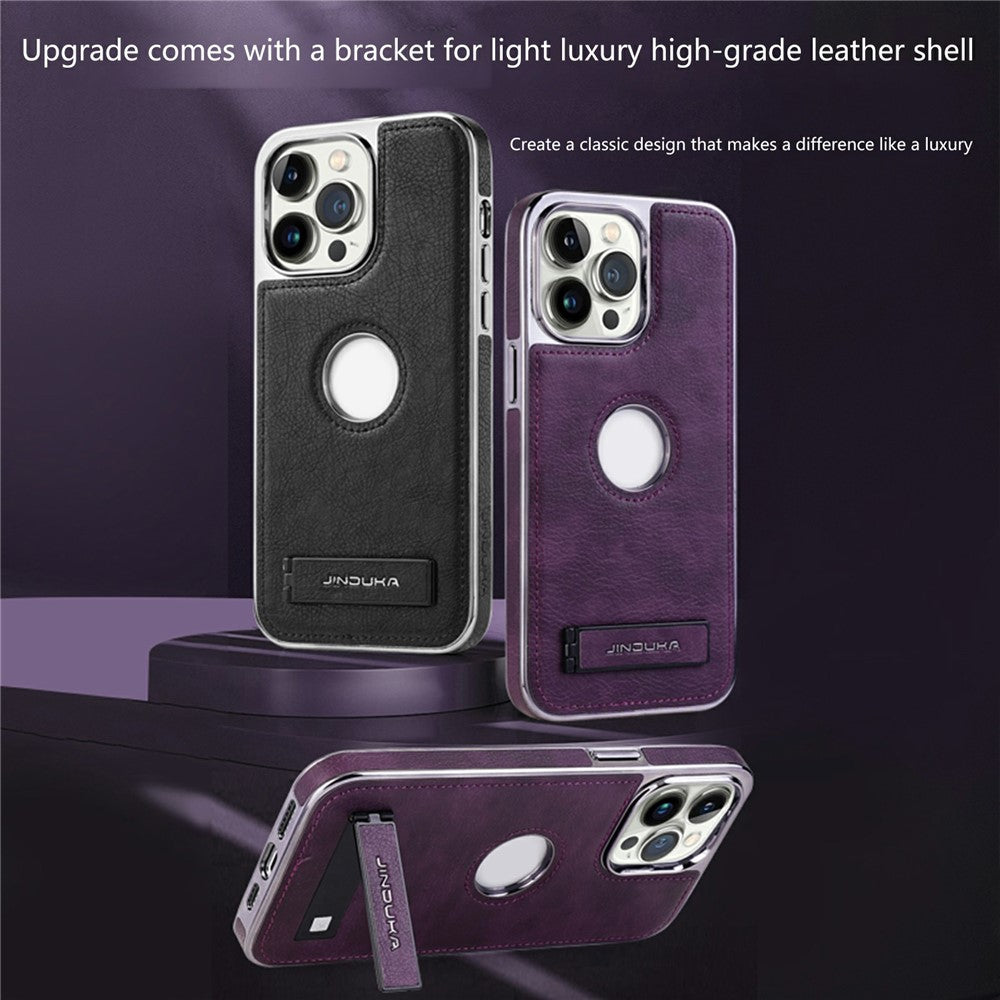 JINDUKA For iPhone 14 Pro Max Case with Logo Cutout Kickstand Leather Coated PC TPU Phone Cover