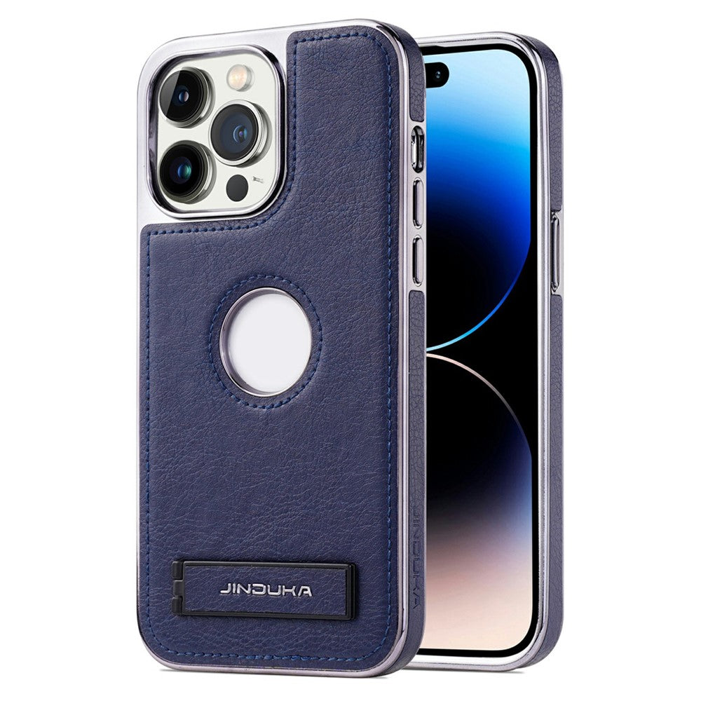 JINDUKA For iPhone 14 Pro Case with Logo Cutout Kickstand Leather Coated PC TPU Phone Cover