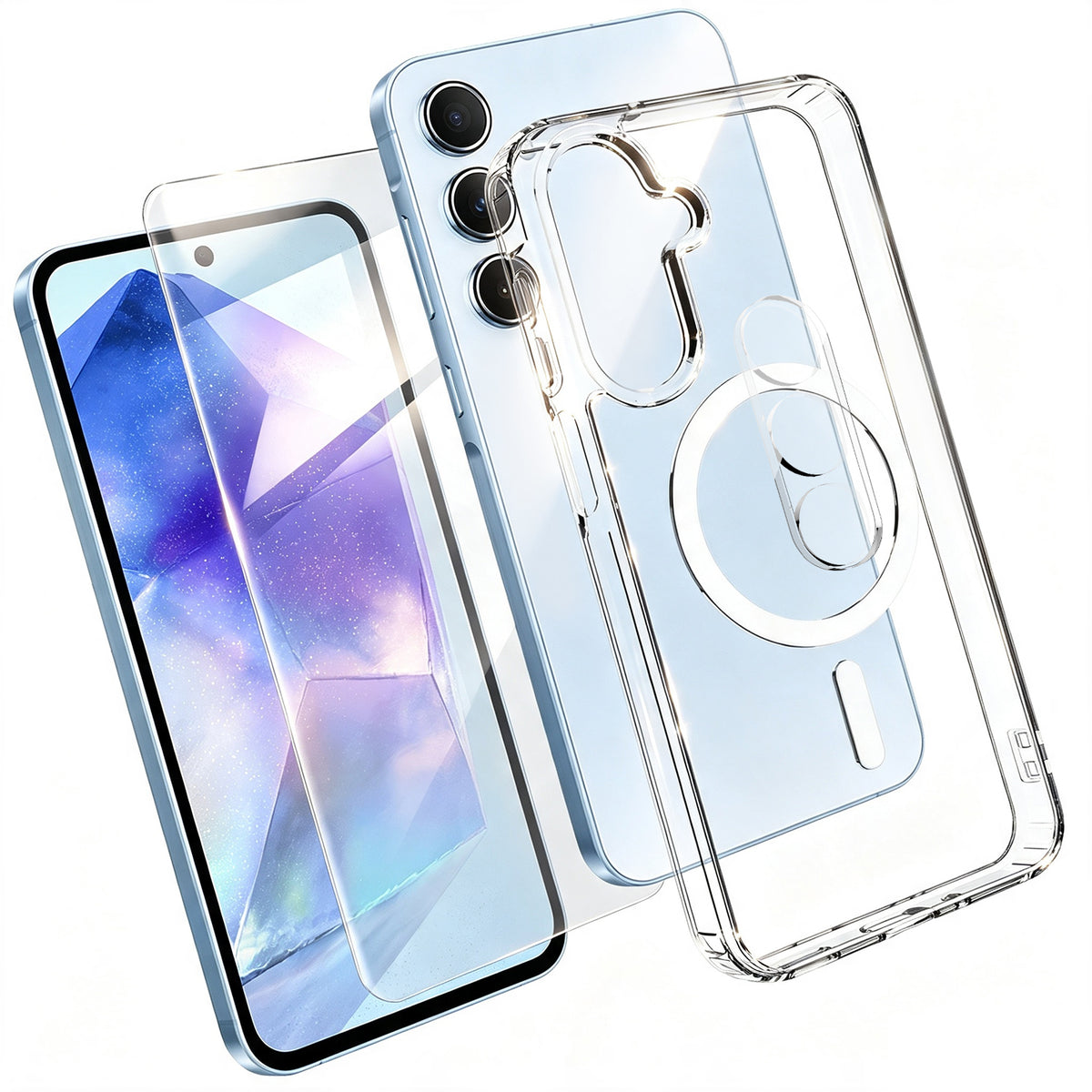 For Samsung Galaxy A55 5G Magnetic Case TPU + PC Clear Phone Cover with High Aluminium-silicon Glass Screen Protector + Tempered Glass Lens Protector
