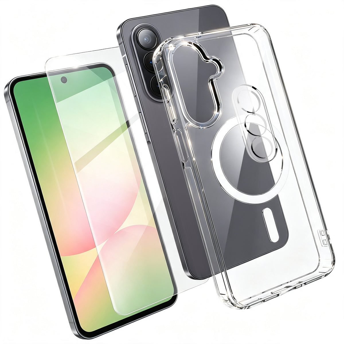 For Samsung Galaxy A56 5G Magnetic Case TPU + PC Clear Phone Cover with High Aluminium-silicon Glass Screen Protector + Tempered Glass Lens Protector