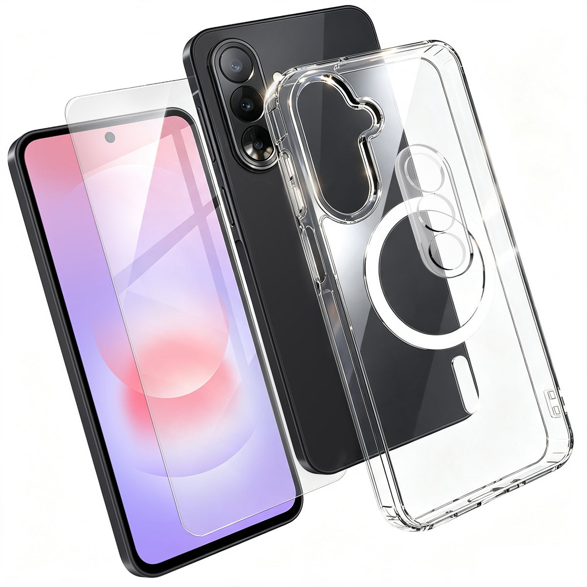 For Samsung Galaxy A37 5G Magnetic Case TPU + PC Clear Phone Cover with High Aluminium-silicon Glass Screen Protector + Tempered Glass Lens Protector