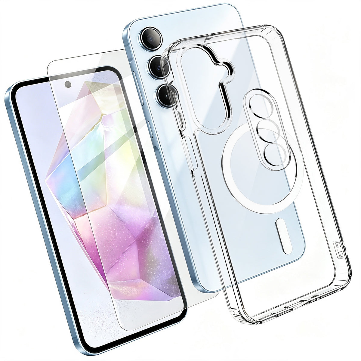 For Samsung Galaxy A35 5G Magnetic Case TPU + PC Clear Phone Cover with High Aluminium-silicon Glass Screen Protector + Tempered Glass Lens Protector