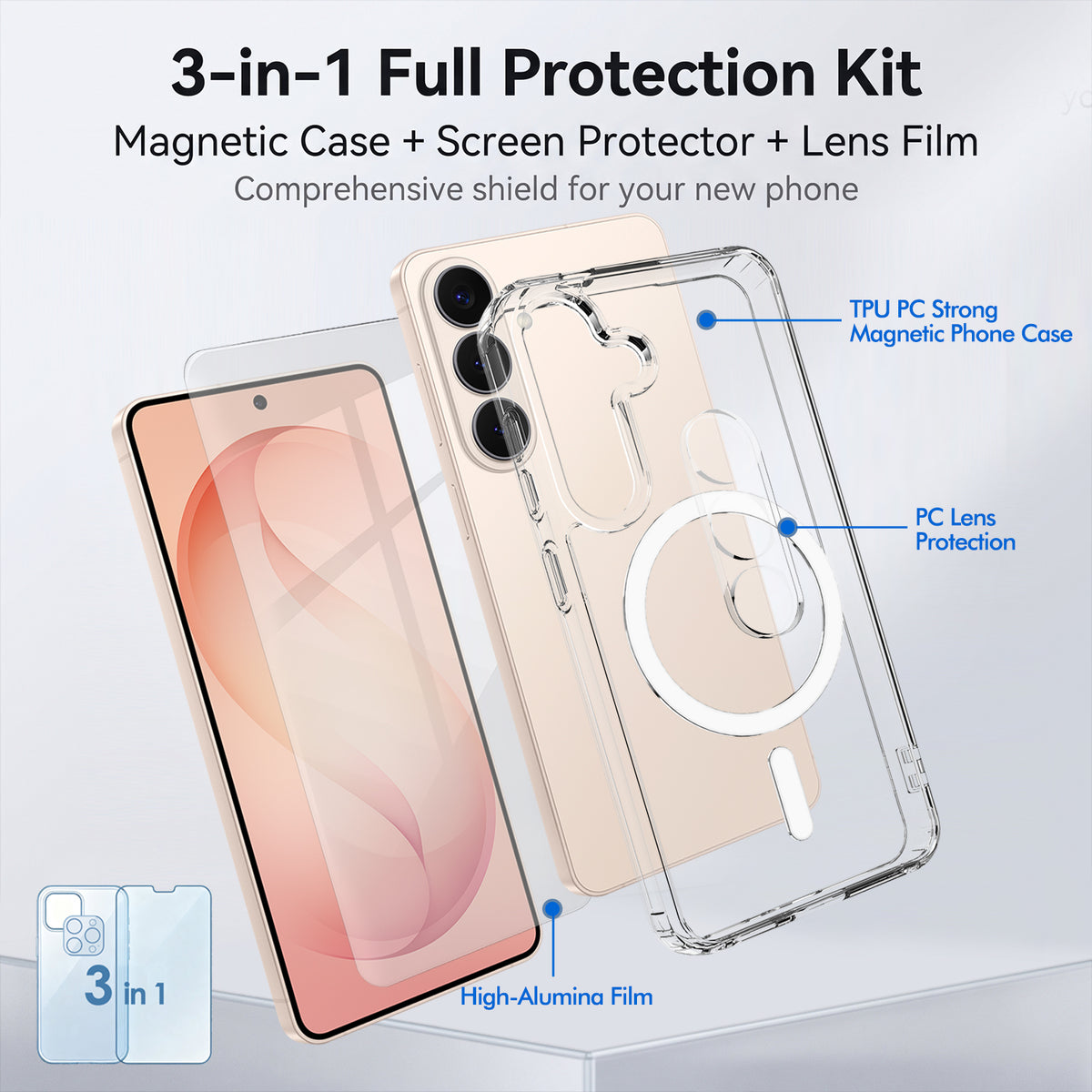For Samsung Galaxy Z Fold8 Ultra Magnetic Case TPU + PC Clear Phone Cover with High Aluminium-silicon Glass Screen Protector + Tempered Glass Lens Protector
