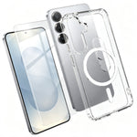 For Samsung Galaxy S25 Magnetic Case TPU + PC Clear Phone Cover with High Aluminium-silicon Glass Screen Protector + Tempered Glass Lens Protector