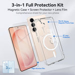For Samsung Galaxy S25 Magnetic Case TPU + PC Clear Phone Cover with High Aluminium-silicon Glass Screen Protector + Tempered Glass Lens Protector