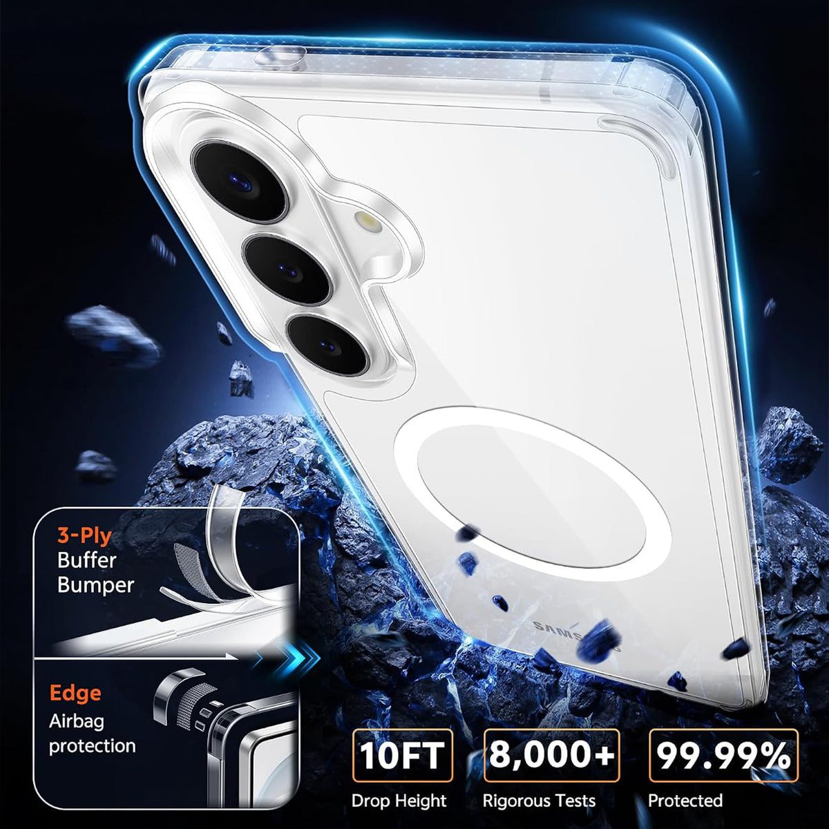 For Samsung Galaxy S25 Magnetic Case TPU + PC Clear Phone Cover with High Aluminium-silicon Glass Screen Protector + Tempered Glass Lens Protector