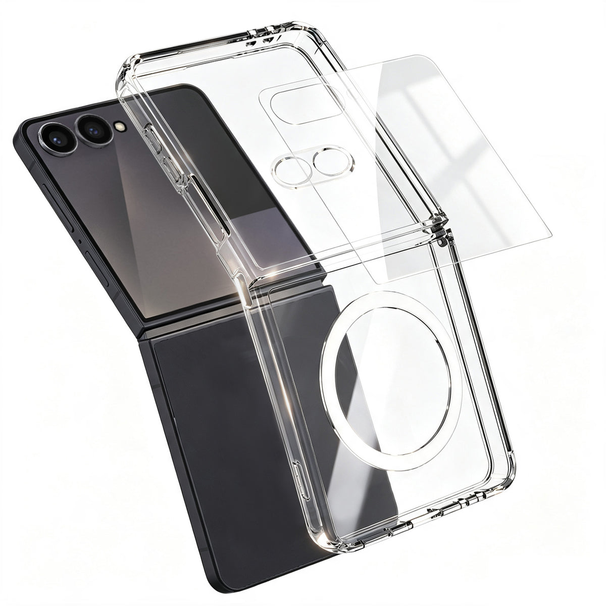 Samsung Galaxy Z Flip7 5G magnetisk TPU + PC-transparent mobilcover med skærmbeskyttelse i aluminium-silikoneglas af høj kvalitet + linsebeskyttelse i hærdet glas