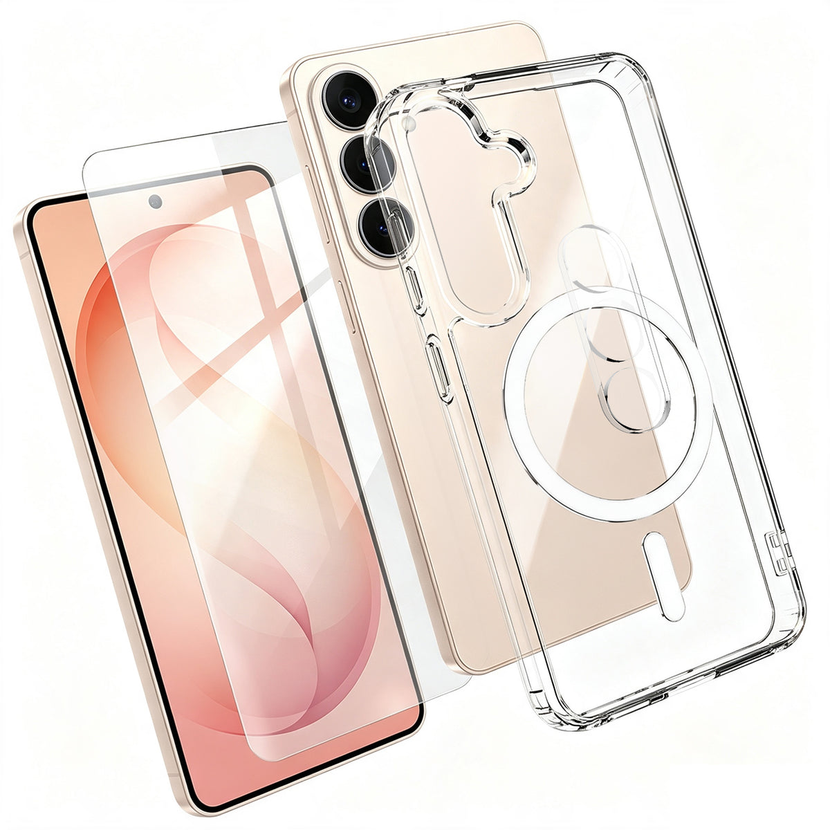 For Samsung Galaxy S26+ Magnetic Case TPU + PC Clear Phone Cover with High Aluminium-silicon Glass Screen Protector + Tempered Glass Lens Protector