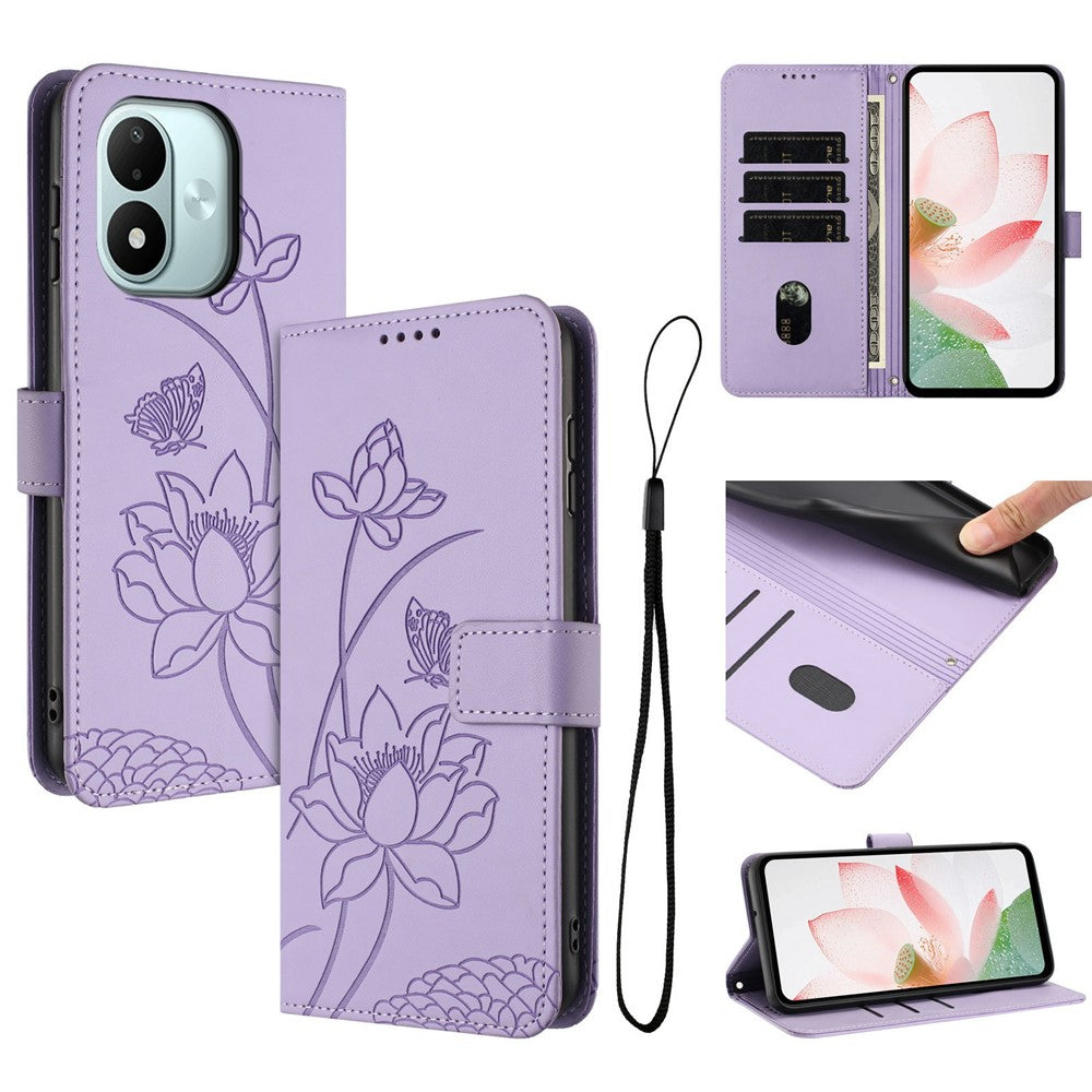 For Xiaomi Redmi Note 17 4G (Global) / Note 17 5G (Global) / Note 17 (India / China) 5G Case Wallet Stand Lotus Imprint Leather Phone Cover with Wrist Strap