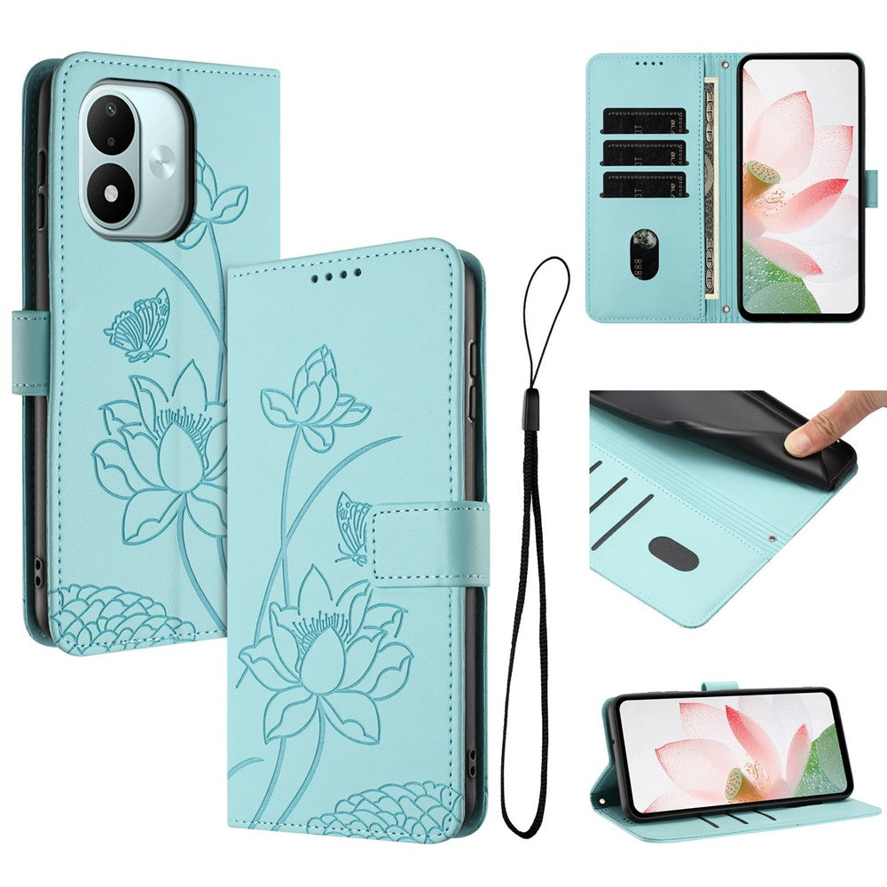 For Xiaomi Redmi Note 17 4G (Global) / Note 17 5G (Global) / Note 17 (India / China) 5G Case Wallet Stand Lotus Imprint Leather Phone Cover with Wrist Strap