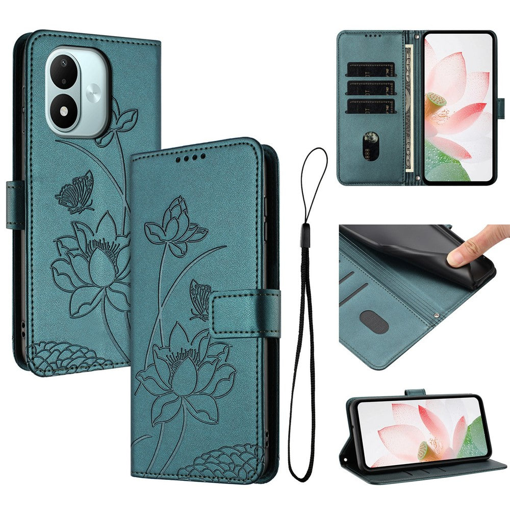 For Xiaomi Redmi Note 17 4G (Global) / Note 17 5G (Global) / Note 17 (India / China) 5G Case Wallet Stand Lotus Imprint Leather Phone Cover with Wrist Strap