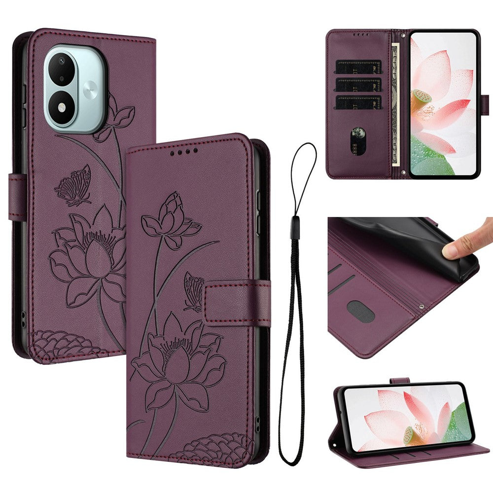 For Xiaomi Redmi Note 17 4G (Global) / Note 17 5G (Global) / Note 17 (India / China) 5G Case Wallet Stand Lotus Imprint Leather Phone Cover with Wrist Strap