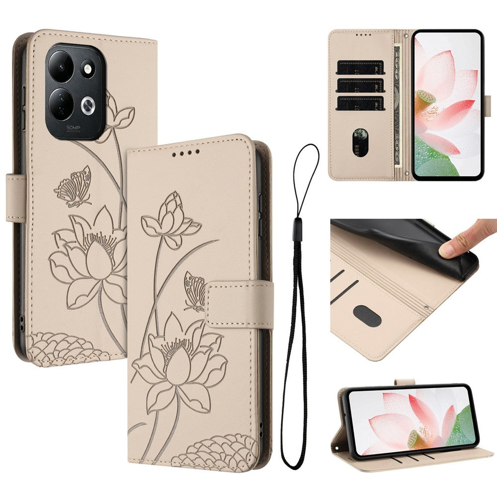 For Xiaomi Redmi 17 4G / 17 5G Case Wallet Stand Lotus Imprint Leather Phone Cover with Wrist Strap
