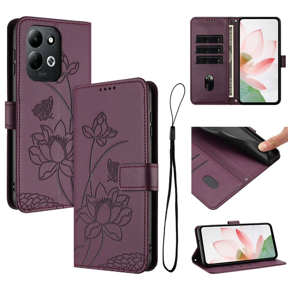 For Xiaomi Redmi 17 4G / 17 5G Case Wallet Stand Lotus Imprint Leather Phone Cover with Wrist Strap