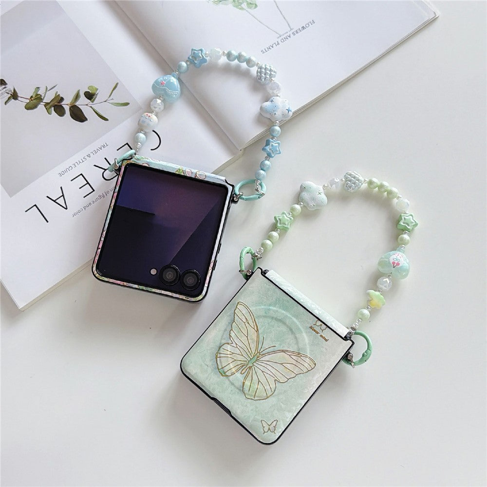 For Samsung Galaxy Z Flip8 Magnetic Case Butterfly Pattern Phone PC Cover with Beaded Hand Chain Strap