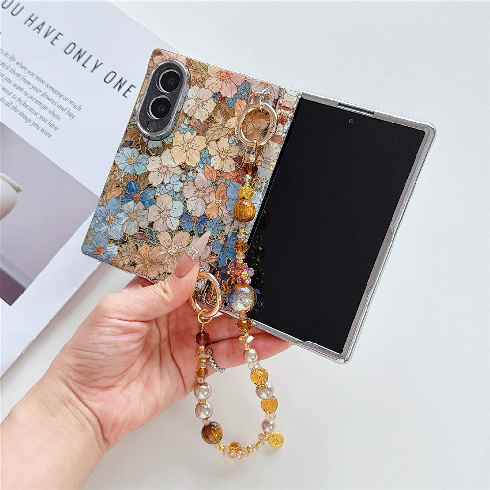 Magnetisk etui til Samsung Galaxy Z Fold8 med oliemaleri, guldfolie og blomstret IMD-hårdt PC-mobilcover med perlekæde og håndledsrem
