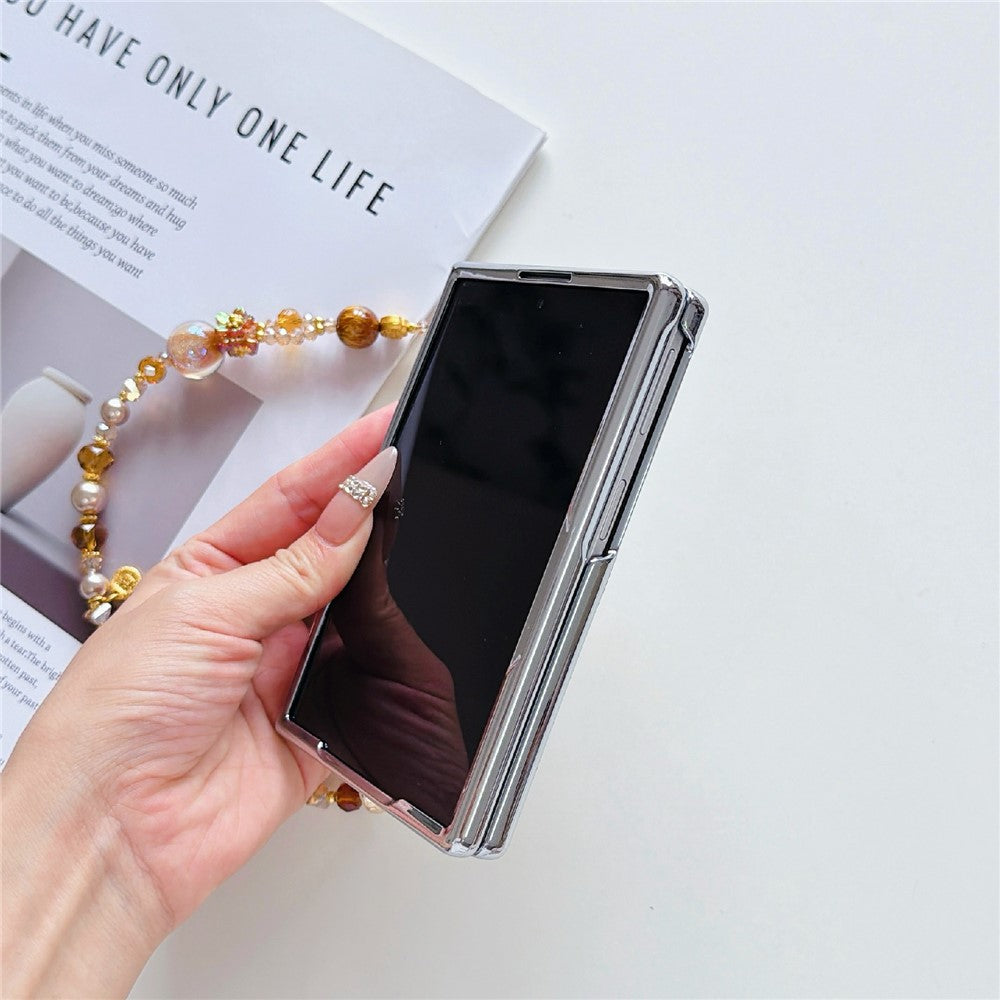 Magnetisk etui til Samsung Galaxy Z Fold8 med oliemaleri, guldfolie og blomstret IMD-hårdt PC-mobilcover med perlekæde og håndledsrem