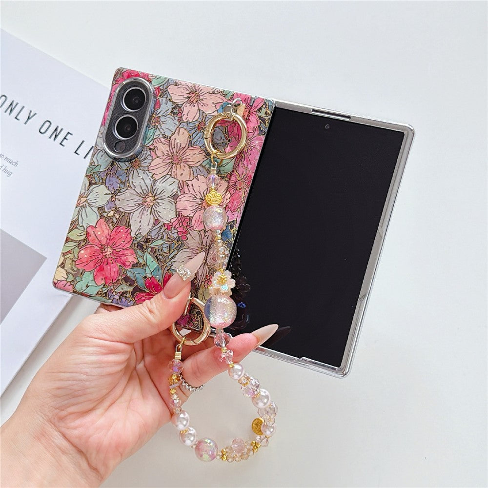 Magnetisk etui til Samsung Galaxy Z Fold8 med oliemaleri, guldfolie og blomstret IMD-hårdt PC-mobilcover med perlekæde og håndledsrem