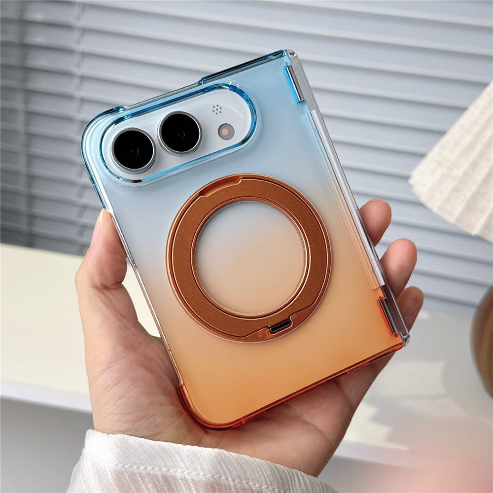 For iPhone Fold Case Rotating Kickstand Gradient Clear PC Shockproof Folding Phone Cover