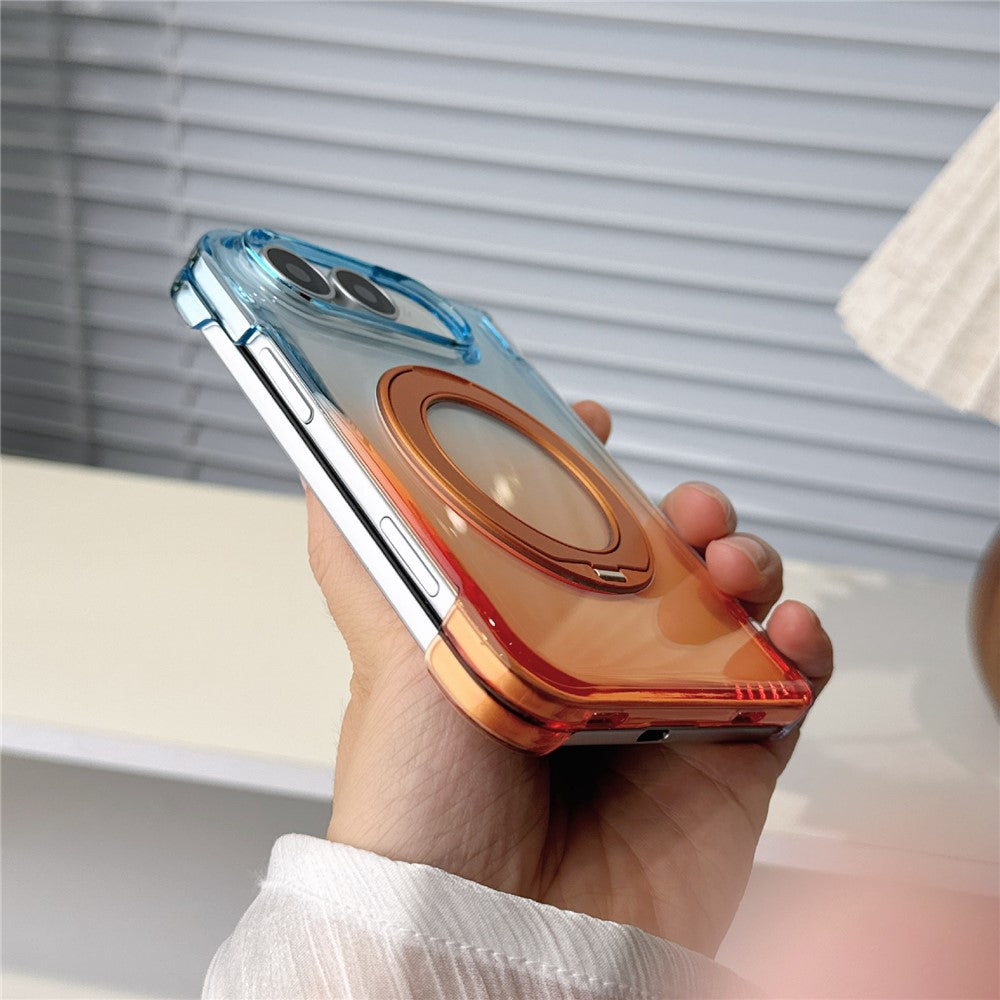 For iPhone Fold Case Rotating Kickstand Gradient Clear PC Shockproof Folding Phone Cover