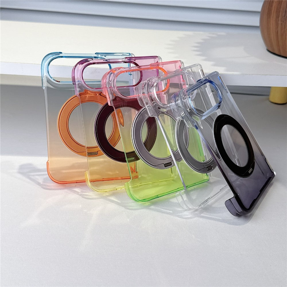 For iPhone Fold Case Rotating Kickstand Gradient Clear PC Shockproof Folding Phone Cover