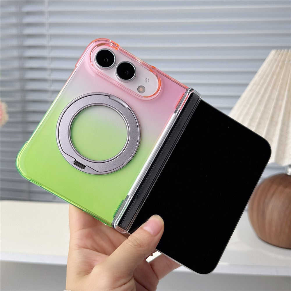 For iPhone Fold Case Rotating Kickstand Gradient Clear PC Shockproof Folding Phone Cover