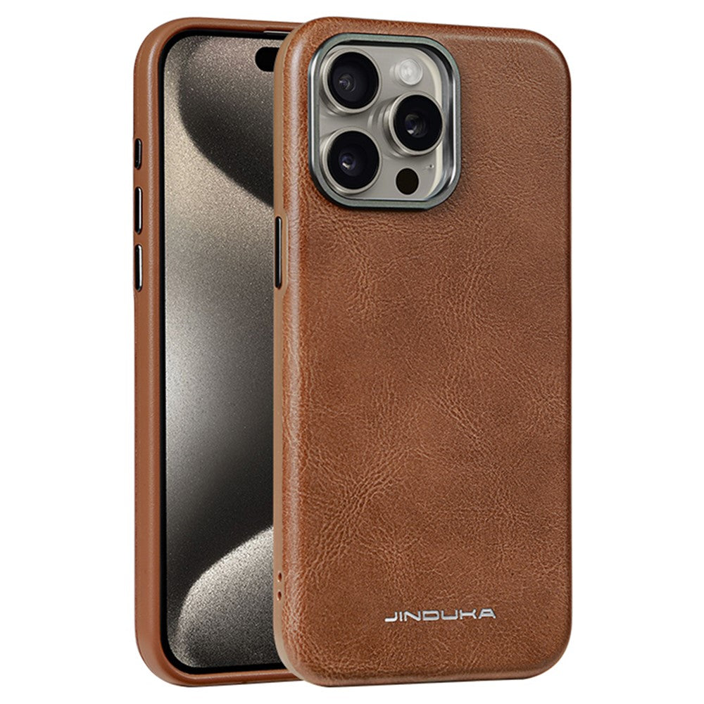 JINDUKA J4 Til iPhone 15 Pro Magnetisk Cover Metal Linseramme Læderbelagt TPU + PC Telefoncover