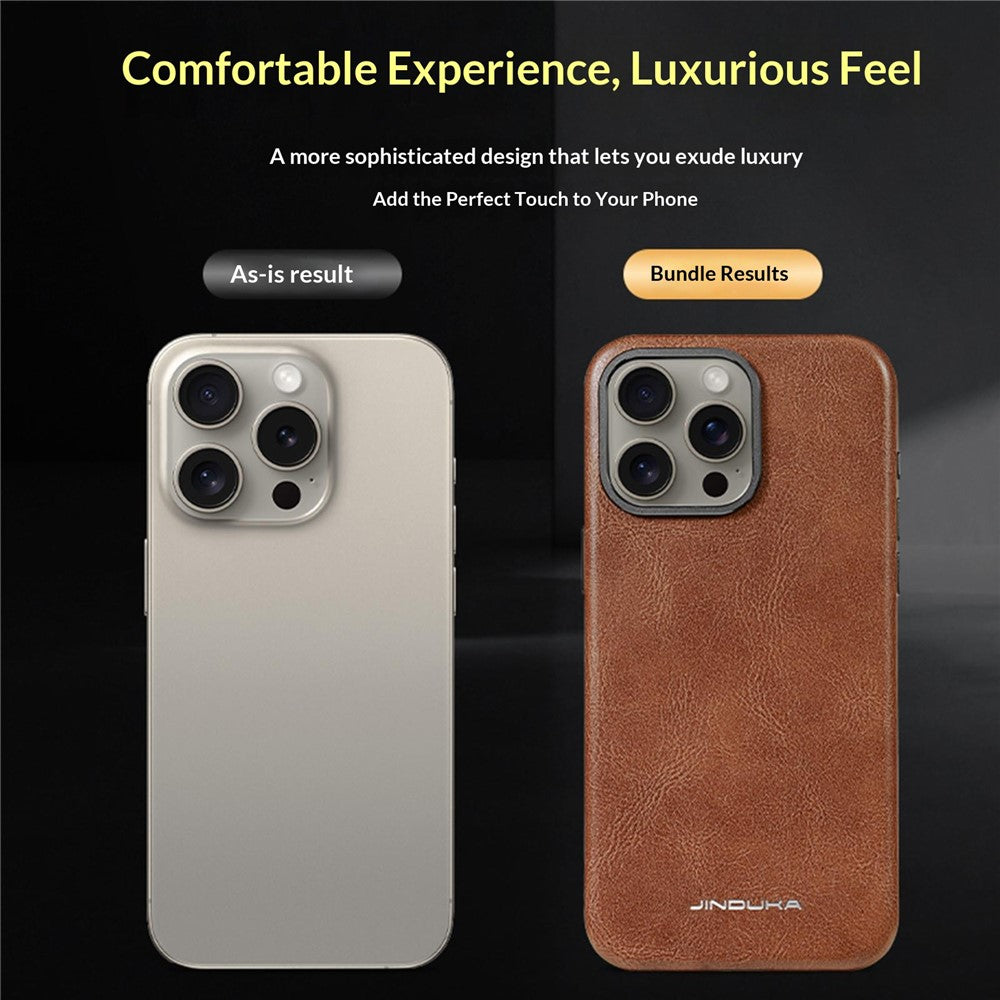 JINDUKA J4 Til iPhone 15 Pro Magnetisk Cover Metal Linseramme Læderbelagt TPU + PC Telefoncover