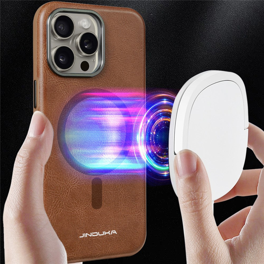 JINDUKA J4 Til iPhone 15 Pro Magnetisk Cover Metal Linseramme Læderbelagt TPU + PC Telefoncover