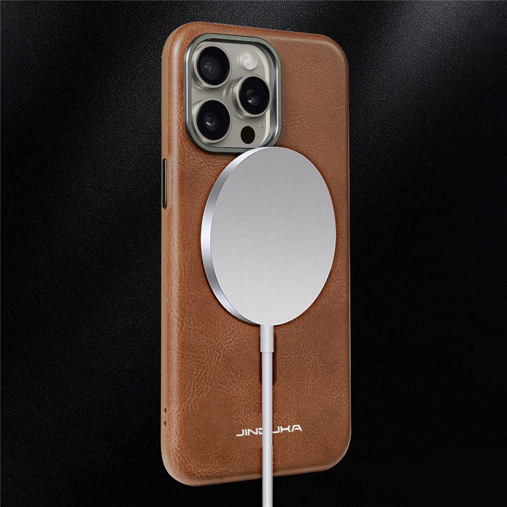 JINDUKA J4 Til iPhone 15 Pro Magnetisk Cover Metal Linseramme Læderbelagt TPU + PC Telefoncover